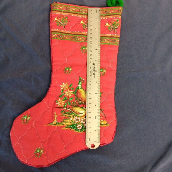 Vintage Quilted Christmas Stocking Rabbits Pheasants Holly Bells Velvet Back - Picture 6 of 7